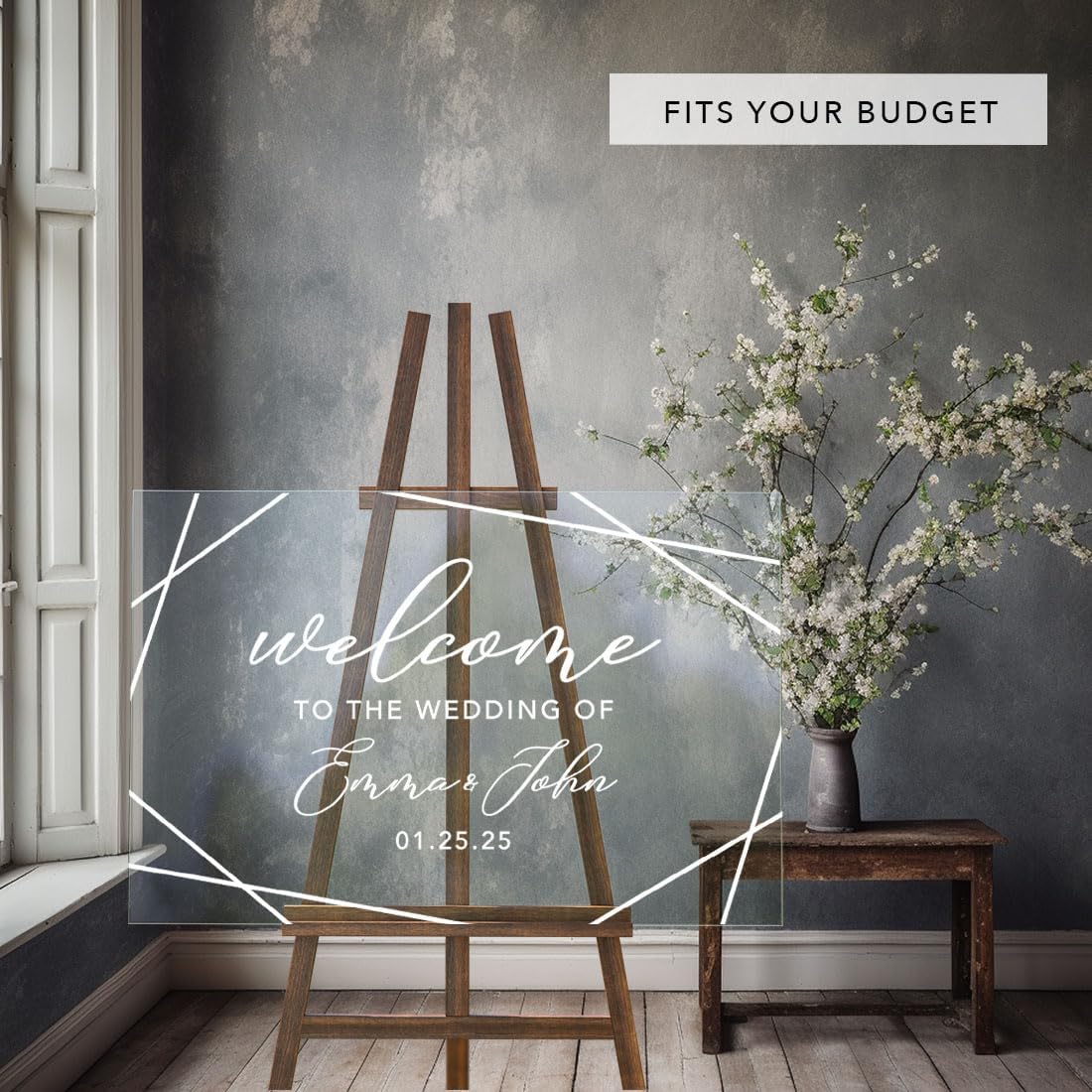 Andaz Press Custom Large Wedding Acrylic Sign, 16 x 24 Inches, Geometric Welcome, Personalized Sign, Welcome Sign For Modern Wedding Theme Wedding Decorations