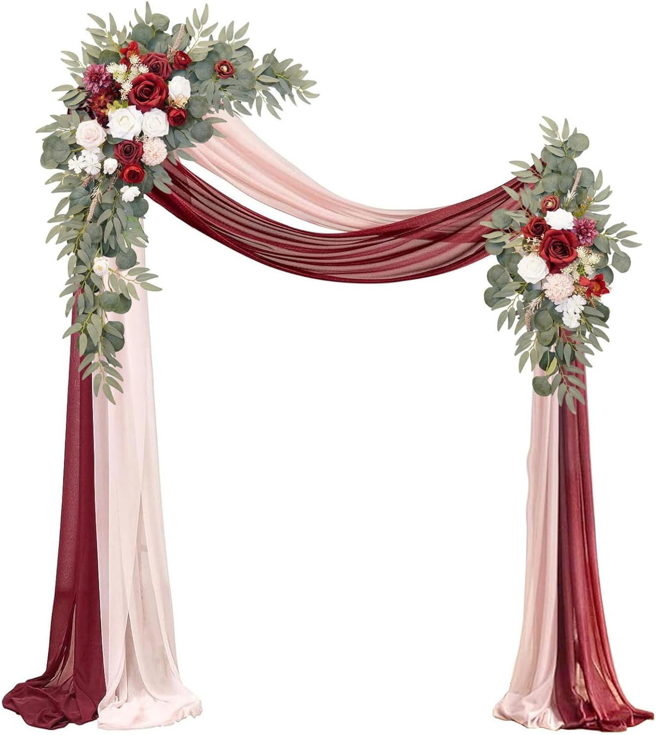 Artificial Wedding Arch Flowers Kit(Pack of 4),2Pcs Artificial Flower Arch Decor, 2Pcs Chiffon Fabric Drapes, Ceremony Decoration, Floral Outdoor Party Decor (Burgundy & Blush)