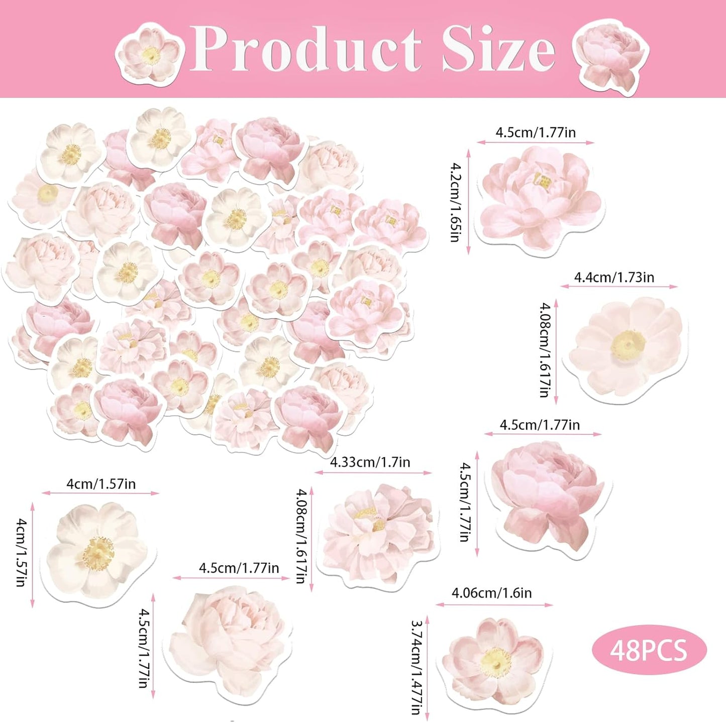 48PCS Edible Rose Flowers Cupcake Toppers Edible Pink Rose Flowers Cupcake Decor Wafer Paper Wedding Flowers Cupcake Picks for Flowers Theme Engagement Birthday Party Decor Supplies