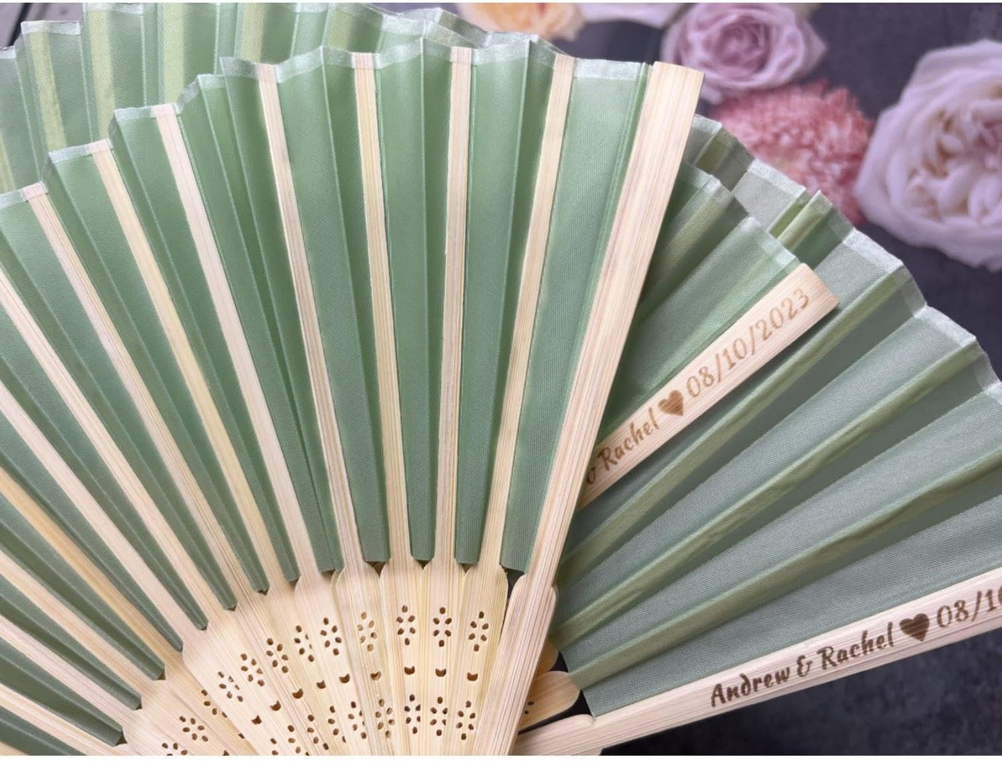 Personalized Wedding Fans Handheld Folding Fans (200Pcs) - Custom Engraved Green Silk Fans for Bridal Shower Favor/Baby Shower Favor, Birthdays Party Gifts/Gifts for Party Guests