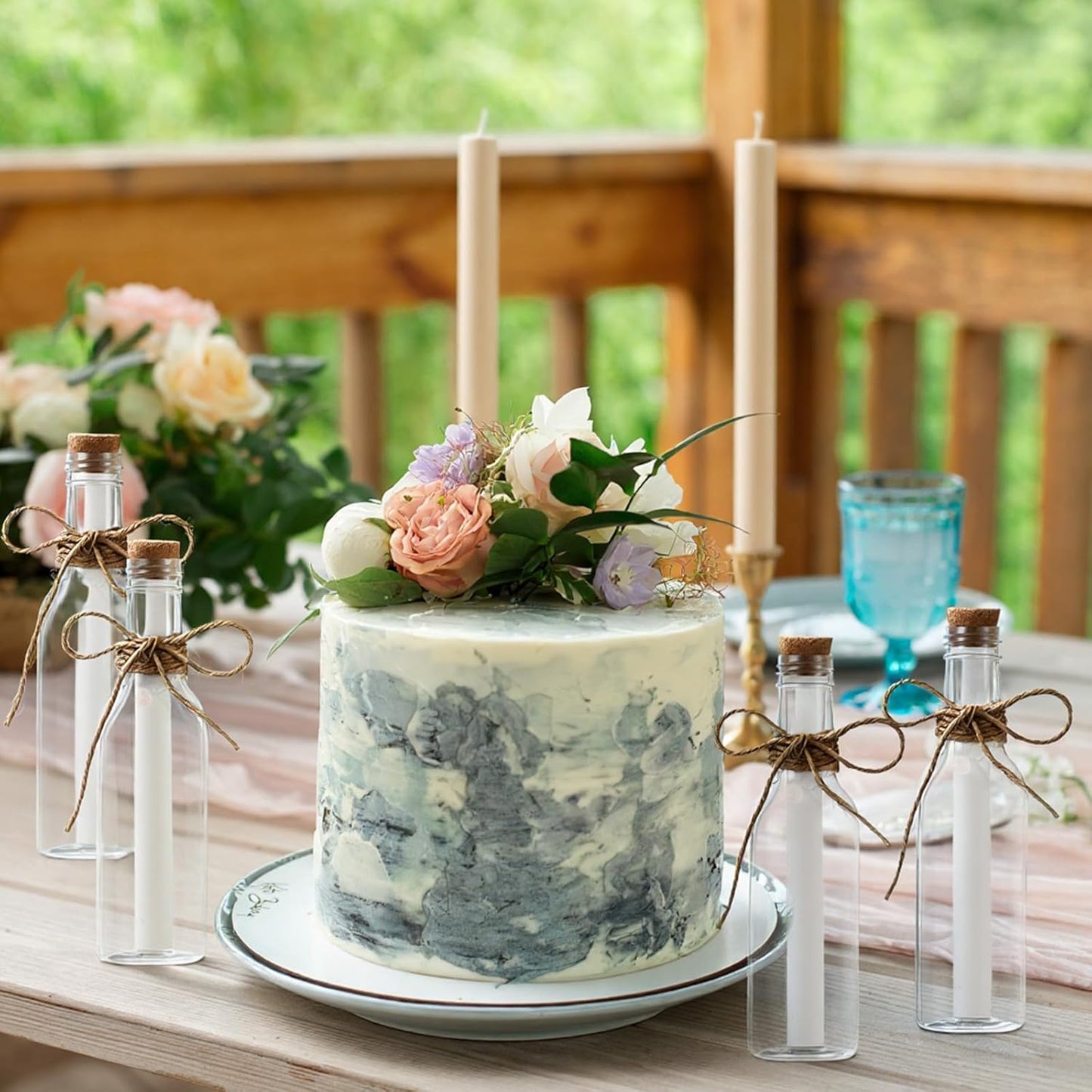 Baderke 48 Pcs 5.6 oz Message Bottles with Letter Printer Paper Plastic Bottles & Corks Twines for Message Invitations Birthday Wedding Baby Shower DIY Crafts Gift Party Favors (White)