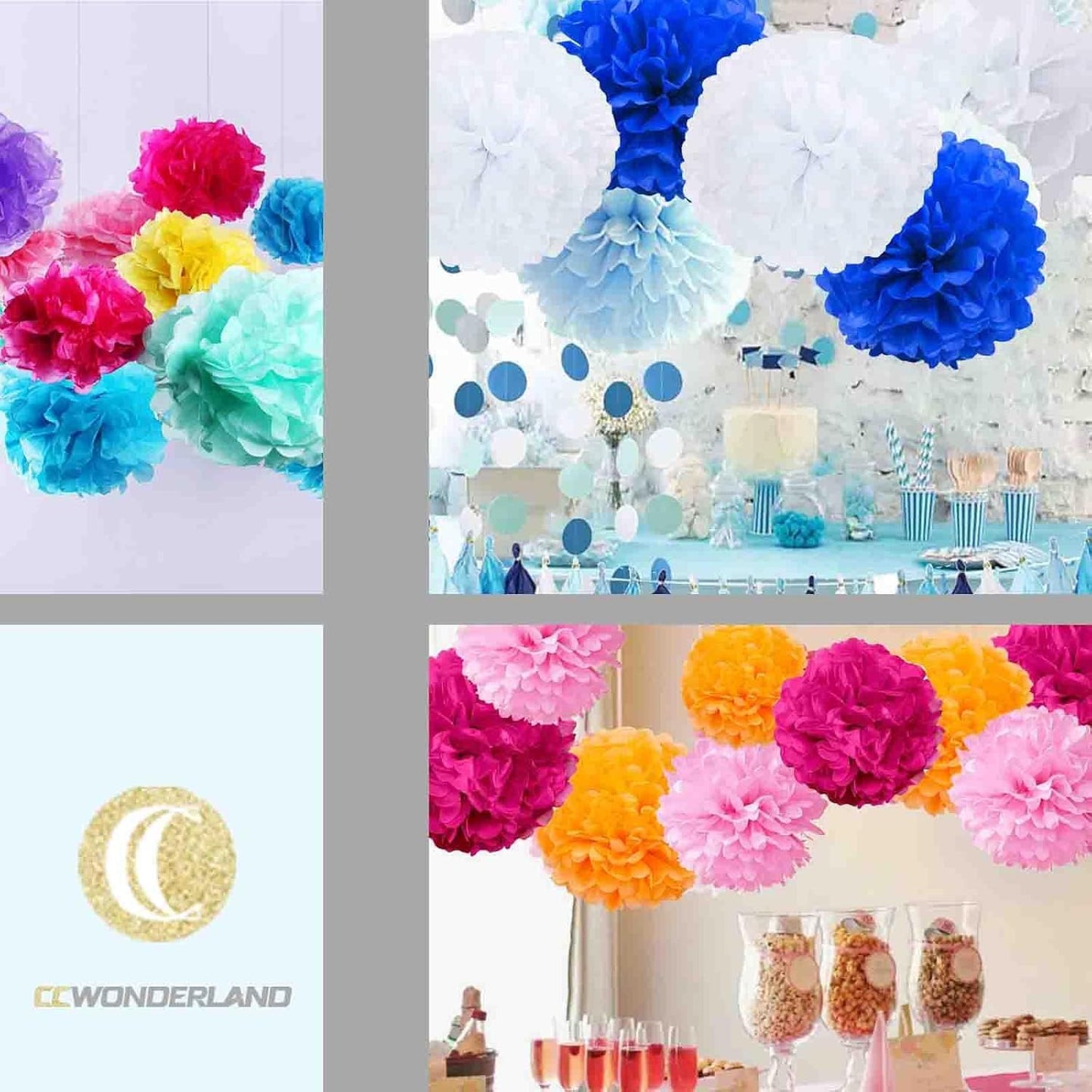 Blue Yellow Red Paper Pom Poms,Party Tissue Paper Flowers Balls,Party Hanging Decoration Supplies, Size of 10inch, 12inch, Pack of 12