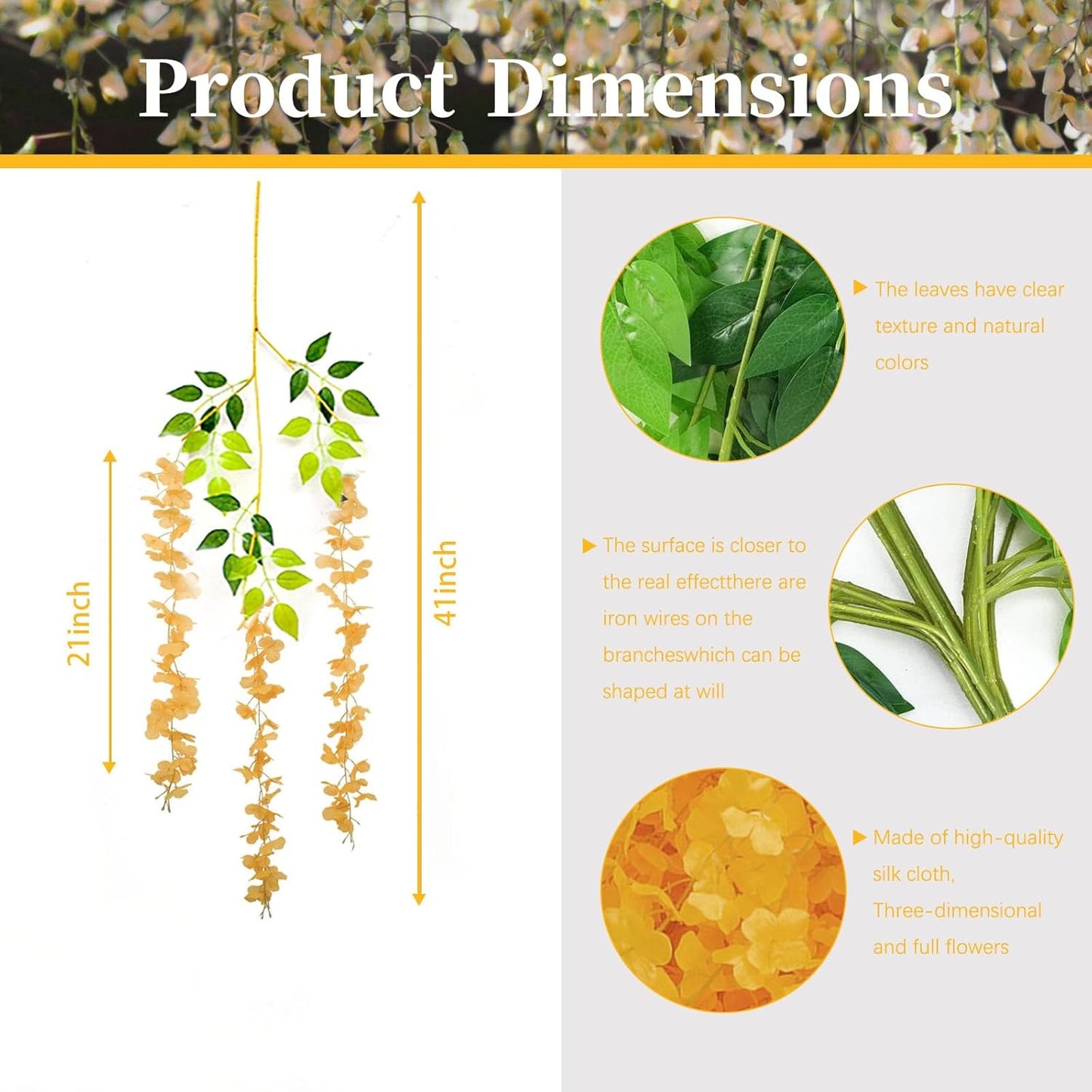 12 Pack Orange Wisteria Hanging Flowers, 3.44 Ft Fake Hanging Flowers, Artificial Wisteria Garland Vines for Wedding Room Backdrop Outdoor Patio Garden Decoration