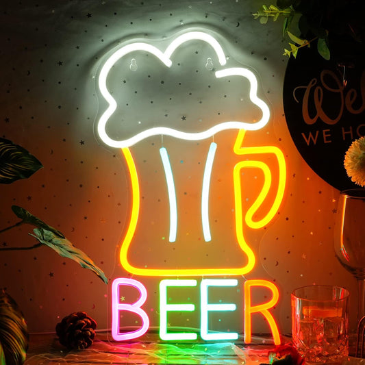 Beer Neon Sign Led Beer Signs Colorful Neon Lights for Wall Decor USB Powered 16.5’’X10.1’’Man Cave Bar Club Birthday Party Decor Kitchen Restaurant Neon Wall Signs