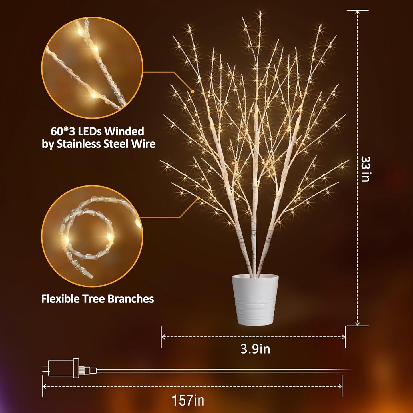 Bexdir Lighted Birch White Tree Branches 33IN 180LED with Timer Plug in, Artificial Tree White Birch Twig for Christmas Home Decor Party Wedding Bedroom