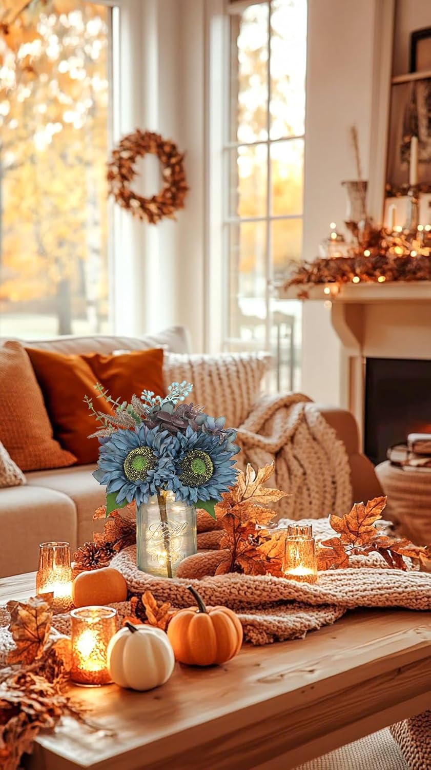 Silk Sunflowers Artificial Flowers with Mason Jar Centerpiece for Table Blue Fall Flowers in Vase Small Fall Floral Arrangement with Vase Thanksgiving Centerpiece for Dining Room Table Autumn Decor