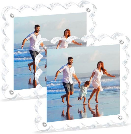 Acrylic Picture Frames .5×5inch 2Pack - Double-Sided Scalloped Photo Frame, 20mm Ultra-Clear Block, Modern Desktop Display for Home/Office Decor (2 Pack, 5X5)