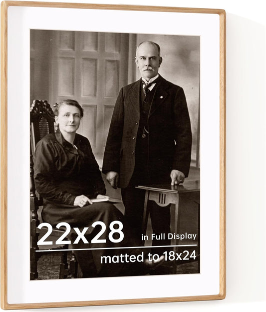 22x28 Frame with Mat to 18x24 Picture Frames USA-Sourced Natural Solid Oak Wood Handcrafted Rounded Corner Display with Real Glass Family Picture, Wedding Photo