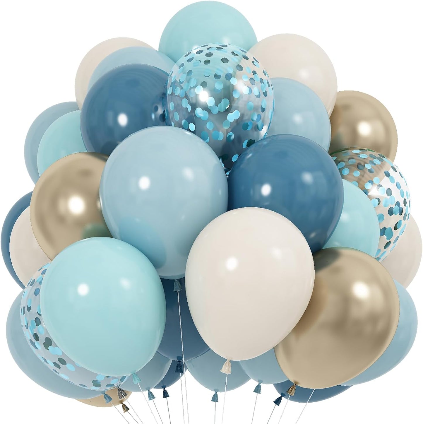 60 Pack Dusty Blue Gold Balloons, Slate Blue White Sand Teal Turquoise Crem Beige Latex Balloon Set Confetti Helium Balloon for Birthday Boho Baby Boy Shower Wedding Party Decorations