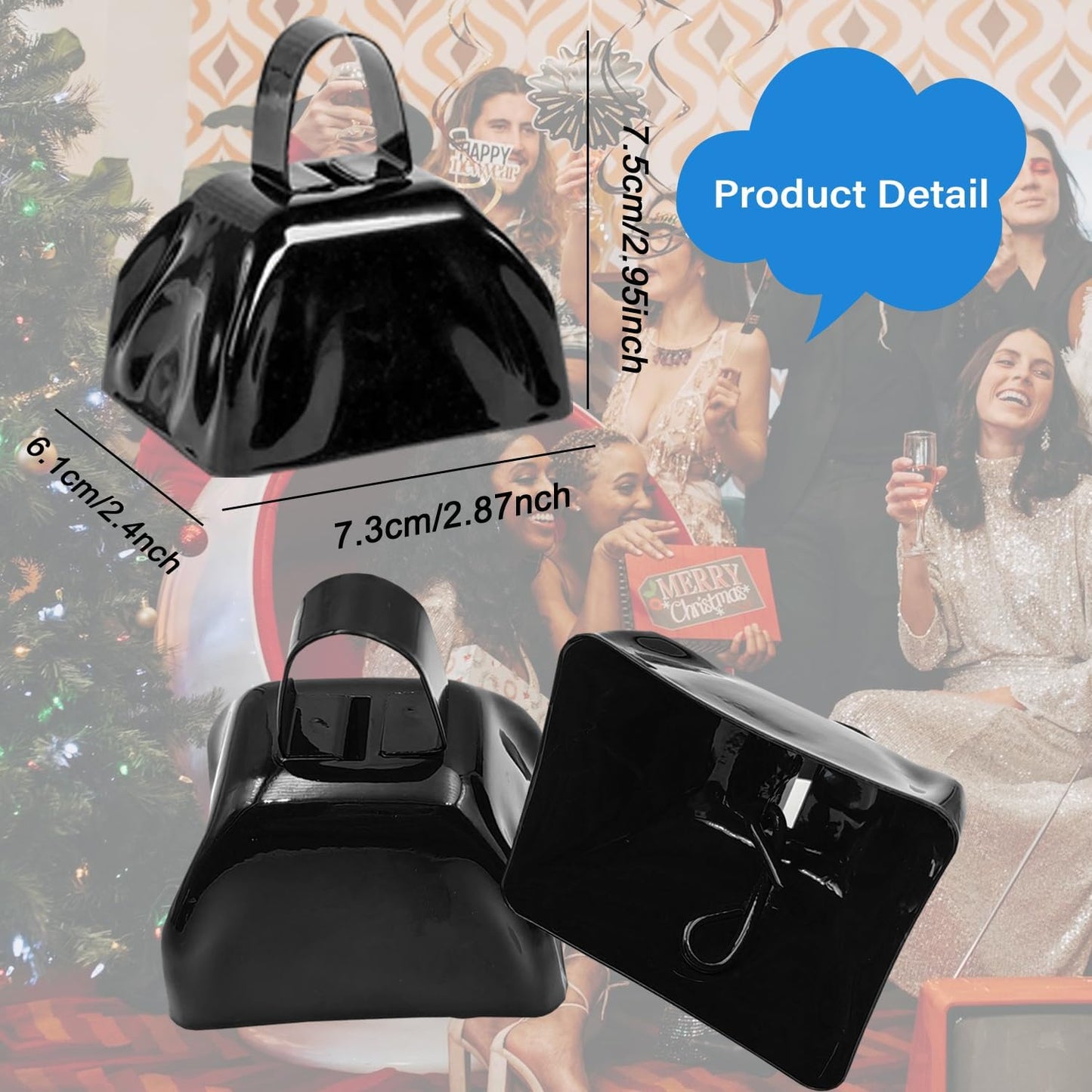 Metal Cow Bell Noise Maker - 3 Inch Pack of 4 - Small Loud Metal Cowbell Noisemaker with Handle - Great for Football Games, Sporting Events, Weddings, New Year's Eve, Birthday Parties