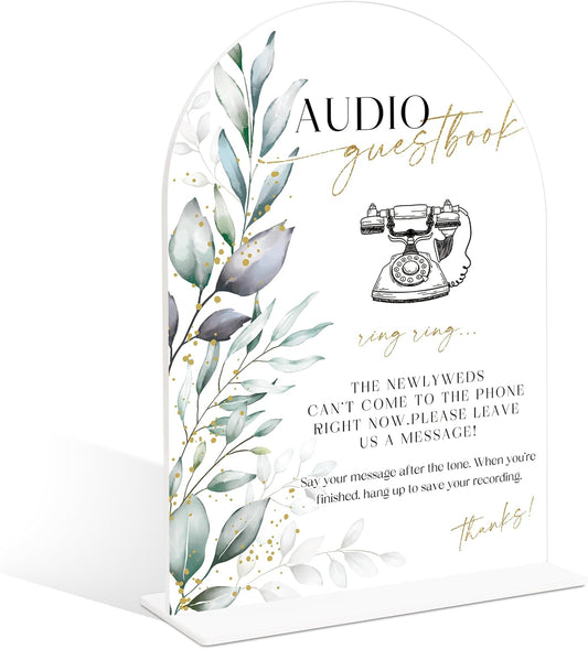 Acrylic Wedding Signs, Greenery Theme Audio Guestbook Sign, Wedding Reception Signage, Bridal Shower Table Decor with Stand, Engagement, Anniversary, Newlywed Events and Parties Supplies, 16