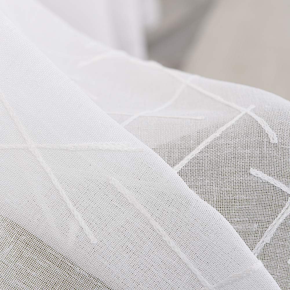 White Sheer Curtains 45 Inch Length, Modern Geometric Embroidery Sheer Rod Pocket Voile Drapes for Living room, Bedroom, Window Treatments Semi Curtain Panels for Villa, Set of 2, 52"x 45".
