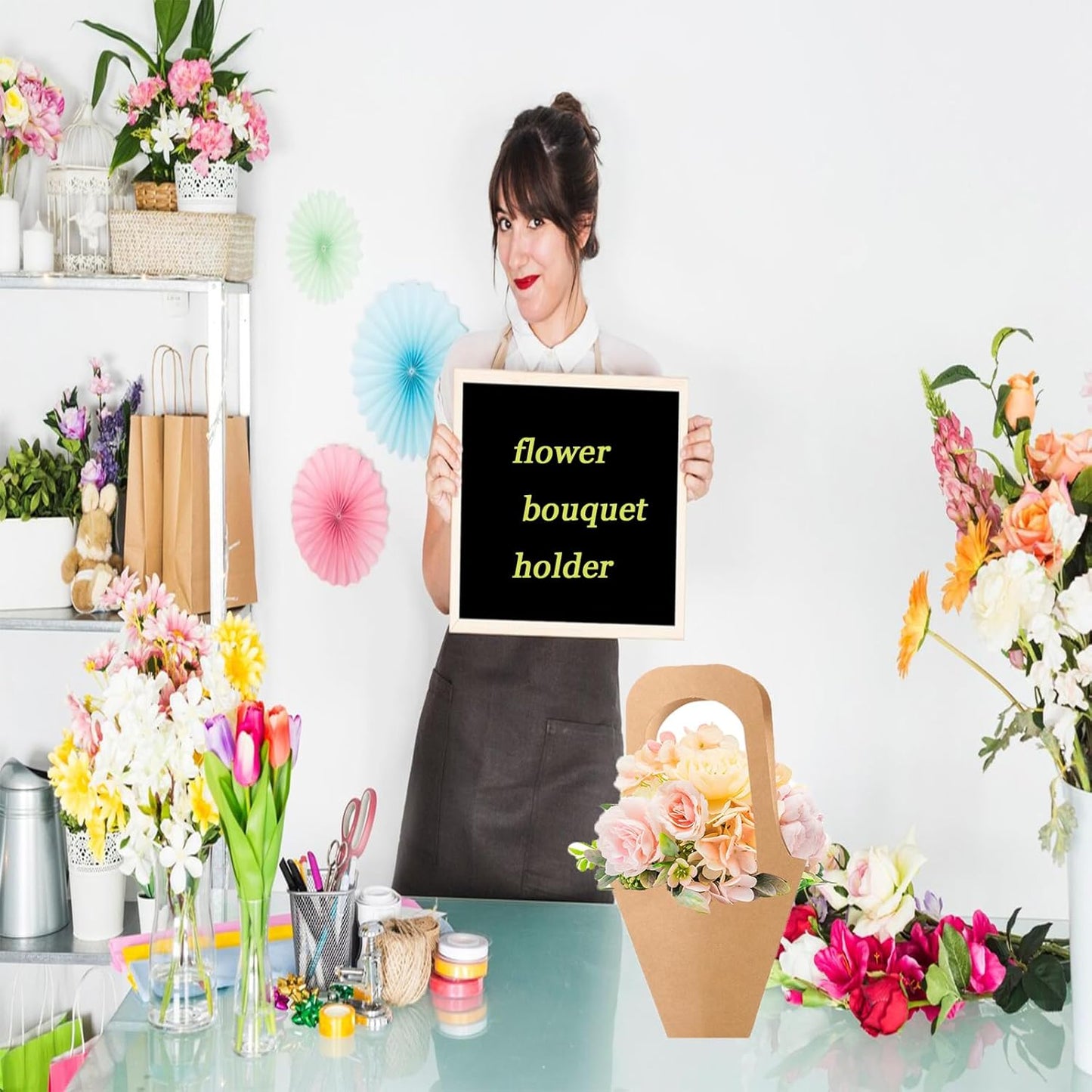 50 pc Kraft Paper Flower Bags with Handles Cones & Brown Bouquets - Shears, Thorn Remover, Floral Tape & Lace Ribbon (13.78Inches)