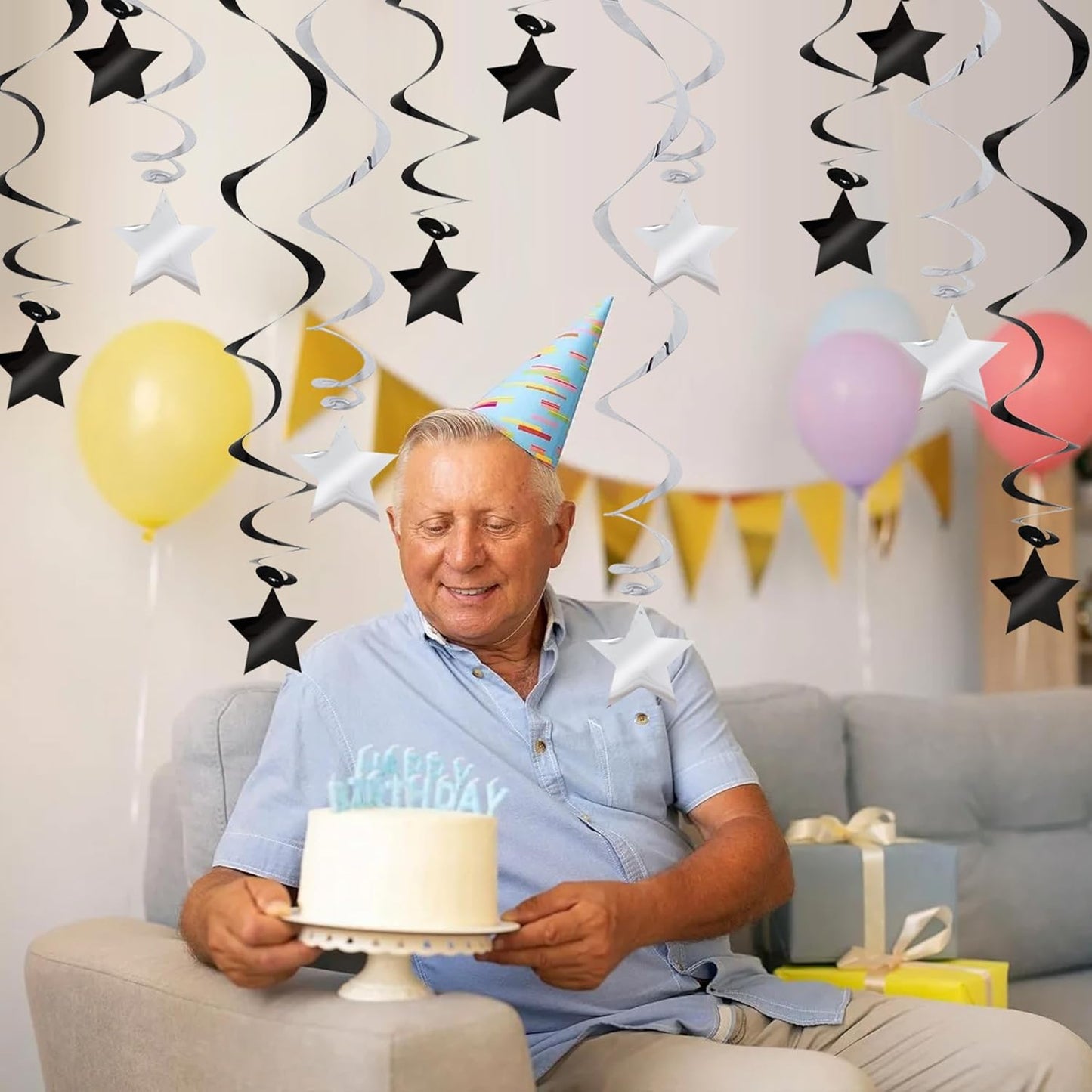 BEISHIDA Black Silver Stars Hanging Swirls Bachelorette Graduation Hanging Ornament Decorations for Birthday Party Supplies Congrats Grade 2025 Graduation Decorations,Pack of 15