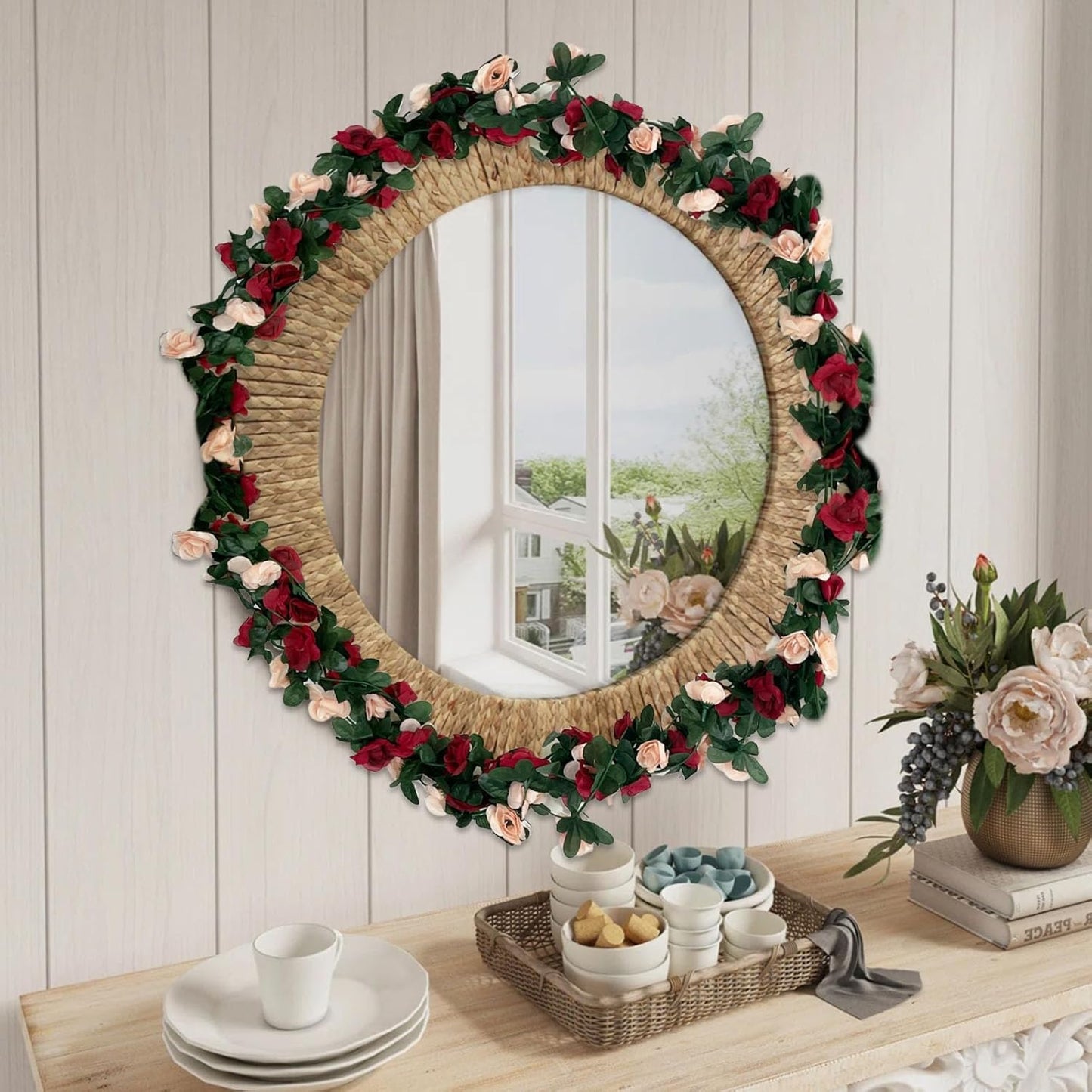 8Pcs 63Ft Burgundy&Champagne Fake Rose Hanging Flowers, Artificial Flower Vine, Hanging Floral Vine Garland for Wedding, Wall Arch, Halloween, Christmas Garden Backdrop Decor