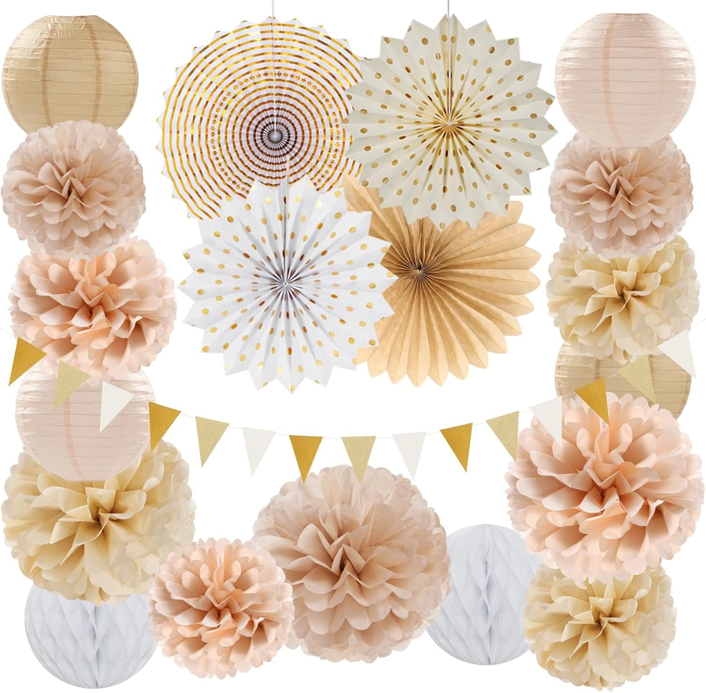 Beige-Champagne Gold White-Peach Boho Party-Decorations - 20pcs Neutral Baby Shower Rustic Wedding Paper Lanterns Fans,Tissue Pom Poms,Honeycomb Balls,Bunting,Birthday Bridal Decor Burgleda