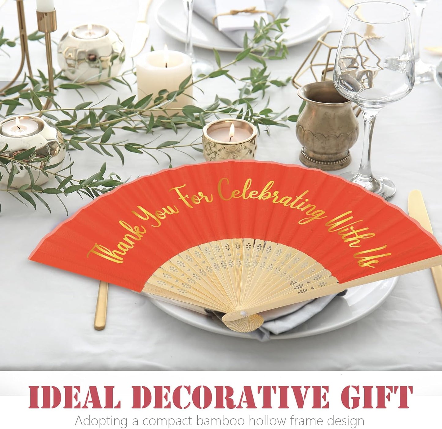 Jetec 50 Pcs Wedding Fans for Guests Bulk Silk Hand Fans Handheld Folded Thank You for Celebrating with Us Wedding Favors for Bridal Bridesmaid Baby Shower Dancing Party Church Gift(Orange)