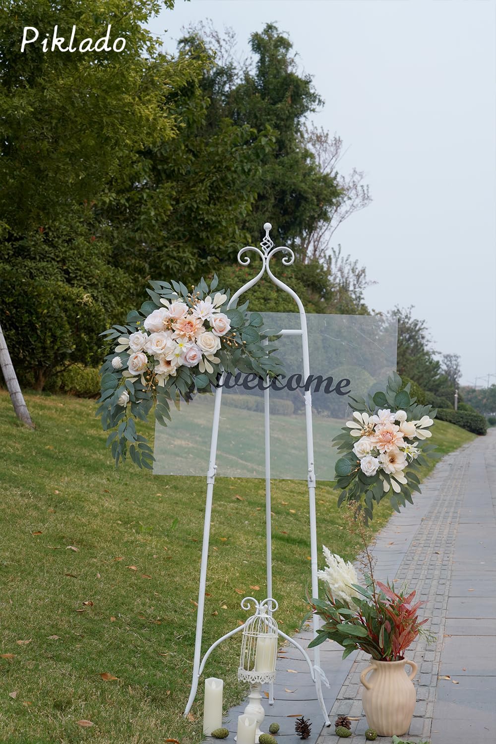 Faux Flower Swag Set of 2 for Wedding Welcome Signs Floral Swag Wedding Reception Ceremony Signs Decor (Champagne & Cream)