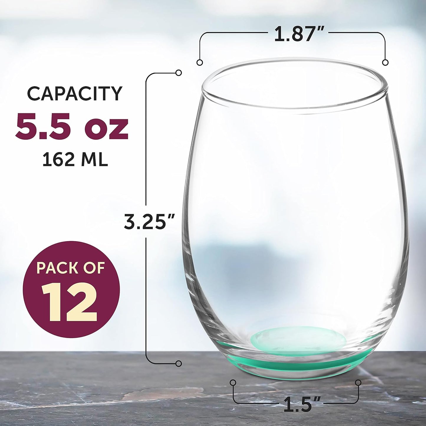 DISCOUNT PROMOS Stemless Wine Glasses by ARC 5.5 oz. Set of 12, Bulk Pack - Perfect for Hotel, Bar, Restaurant or Lounge - Green