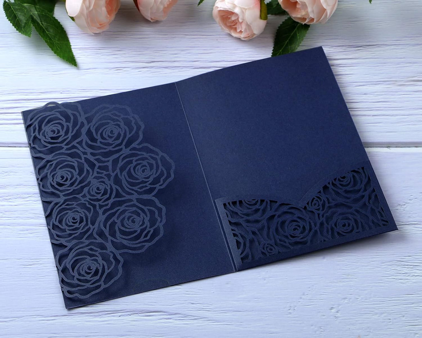 20 Pcs Laser Cut Wedding Invitations Card Pocket with Envelope for Birthday Party Baby or Bride Shower Invite suitable for 5 * 7 Inches Insert Paper (Dark Blue)