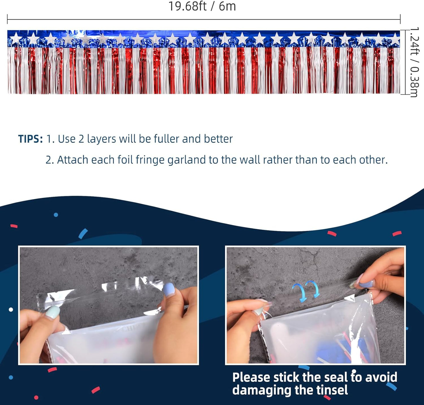 Mega-L 4th of July Decorations 2Packs 39 Feet Foil Fringe Garland Tinsel Streamers, Red White and Blue Star Metallic Hanging Backdrop Banner Table Skirts for Parade Floats Memorial Day Patriotic Party