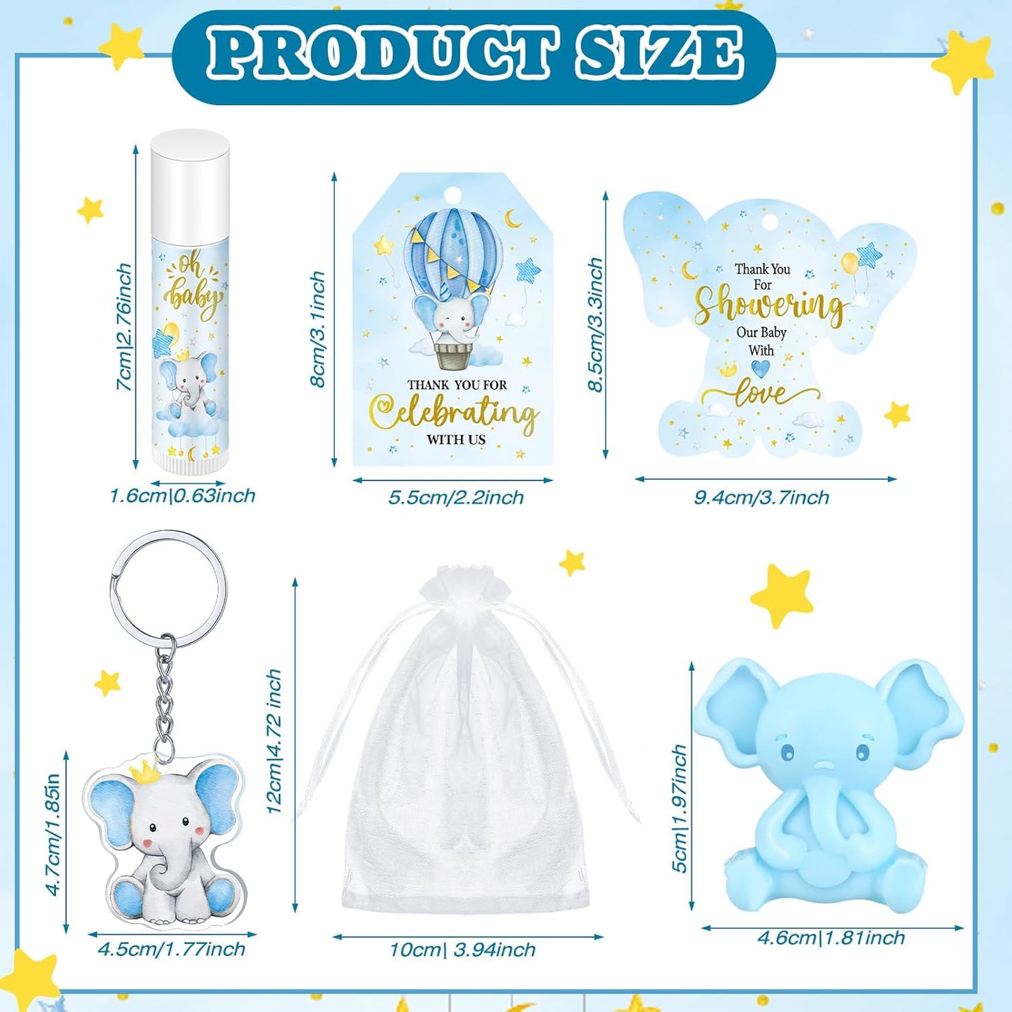 288 Baby Shower Favors Baby Shower Gifts Bulk Lip Balms Soaps Keychains Organza Bags Guest Appreciation Gift with Thank You Tags and Cards for Boys Girls Guest Gift(Blue,Elephant)
