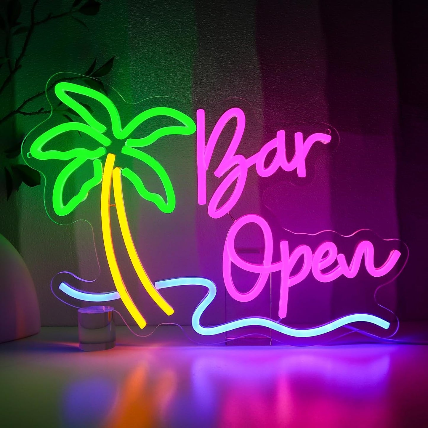Bar Open Sign for Business, Neon Open Sign, USB Dimmable Palm Tree Neon Lights for Beer Bar Coffee Cafe Home Pub Man Cave Stores Hotel Party Window Wall Decor Restaurant