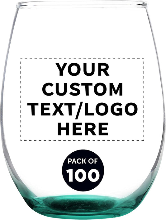 Custom Stemless Wine Glass 9 oz. Set of 100, Personalized Bulk Pack - Great for Wedding Favors, Bachelorette Party Decorations, Party Favors, Color Bottom - Green