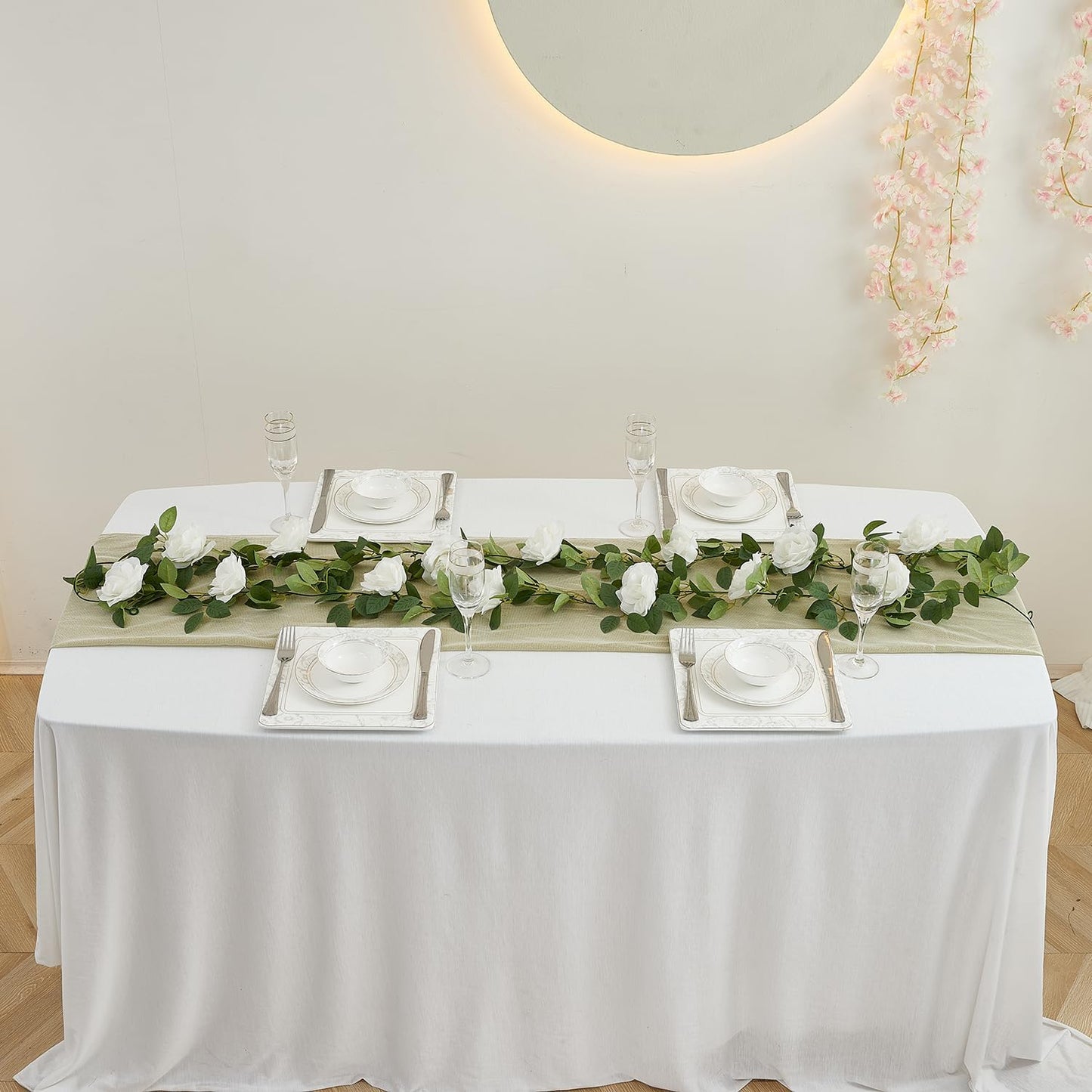 White Artificial Rose Garlands Rose Vines Leaves Banners Hanging Floral Garland Fake Rose Flower Vine for Wedding Arch Ceremony Home Garden Outdoor Party Wall Decorations