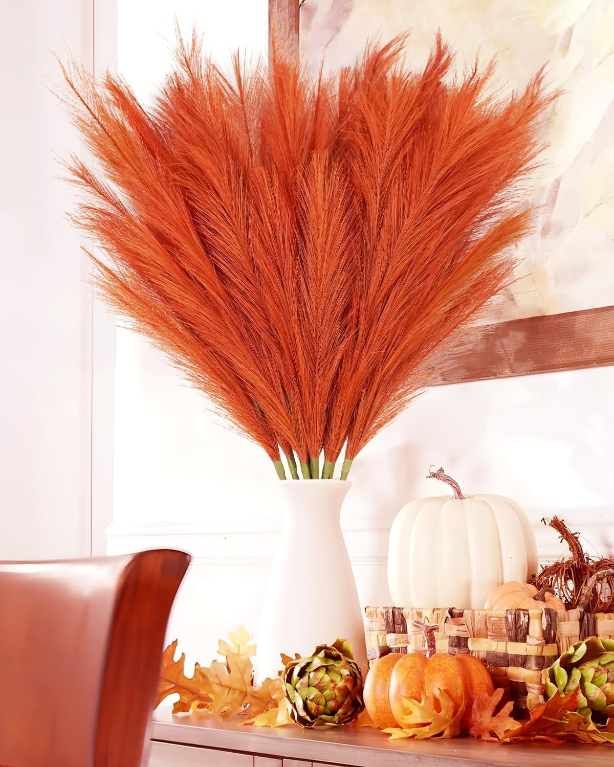 8pcs Orange Pampas Grass Tall, 35" Fluffy Faux Colored Pompas Grass Artificial Orange Pampas Stems Vase Filler Fall Flower Arrangement for Home Wedding Centerpieces Autumn Bohe Decor