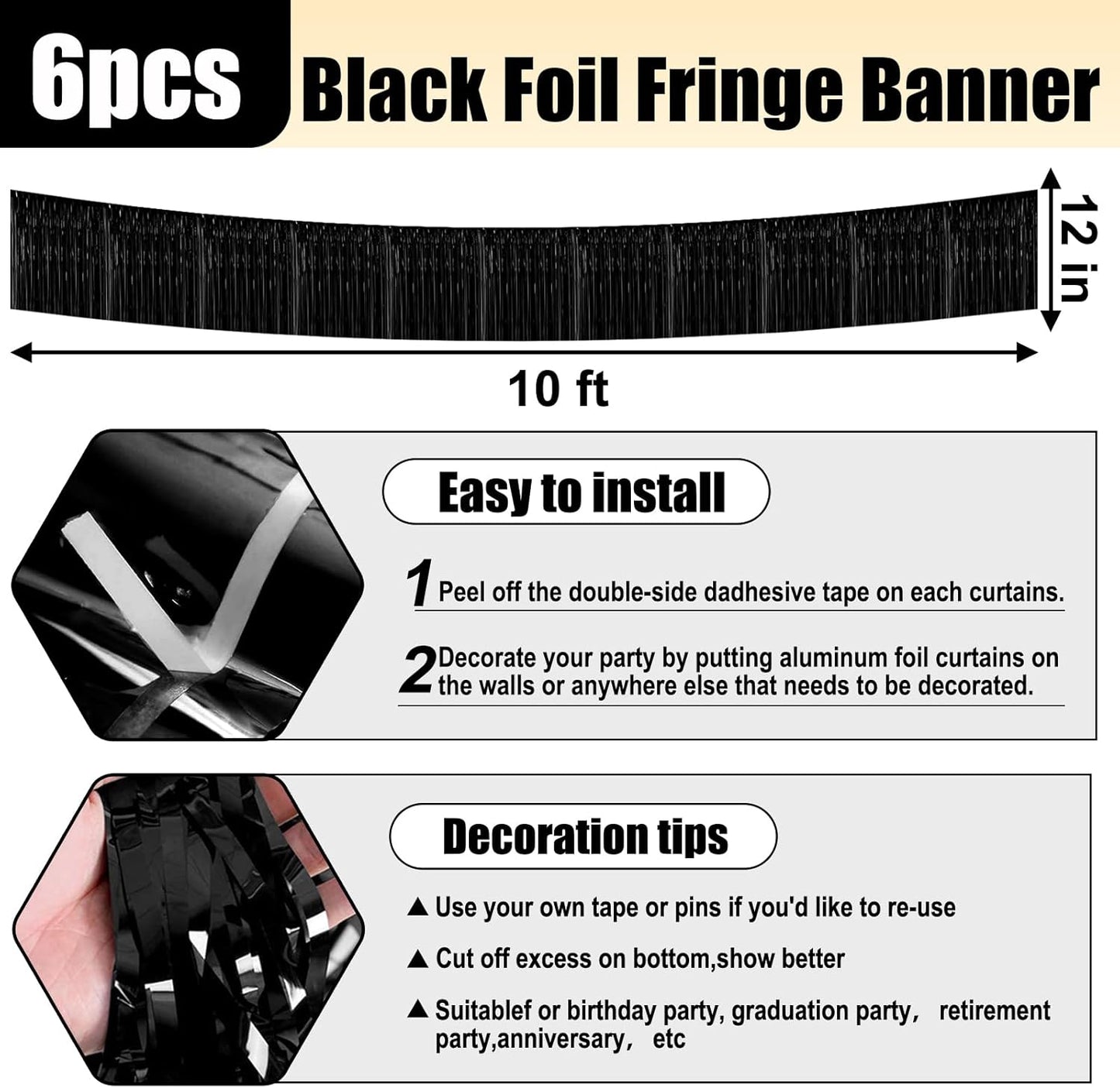6 Pack 10 Feet Black Foil Fringe Garland Metallic Tinsel Streamers Banner Wall Hanging Curtain Backdrop for Parade Floats, Birthday, Graduate, Mother's Day, Wedding Party Decoration