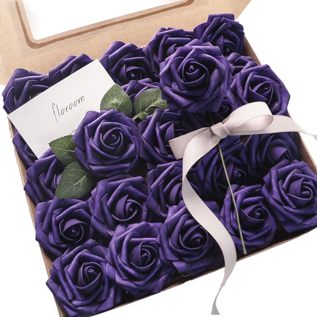 Floroom Artificial Flowers 50pcs Real Looking Dark Purple Foam Fake Roses with Stems for DIY Wedding Bouquets Bridal Shower Centerpieces Floral Arrangements Party Tables Home Decorations