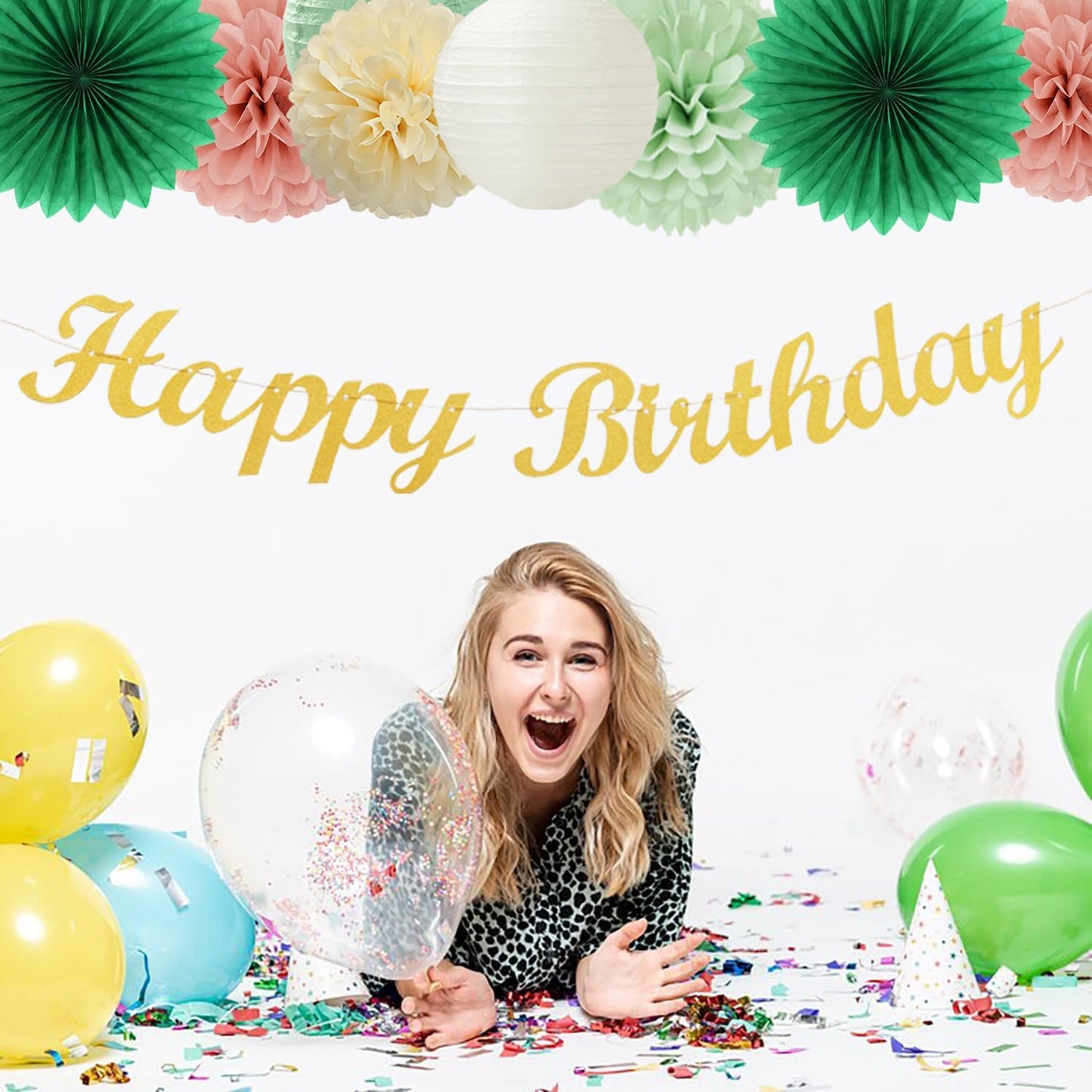 Olive Sage-Green Beige Happy-Birthday Party-Decorations - 31pcs Women Girls Adults Paper Lanterns Streamers Banner,Tissue Pom Poms Decor,Flower Fans Tassels Graland Boho Neutral Supplies Hugmoon