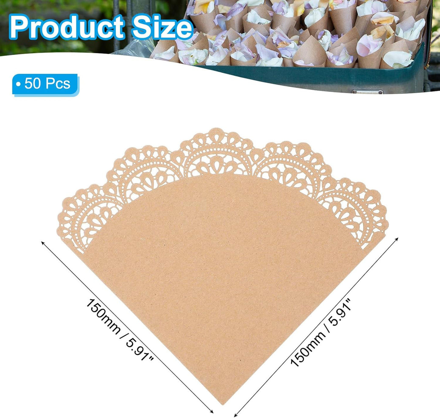 PATIKIL Wedding Confetti Cones, 50 Pcs Paper Tapers Hollow Print Lace Cone Bouquet for Party Candy Gift Boxes Chocolate Bags Buffet Bachelor Party Petals, Brown