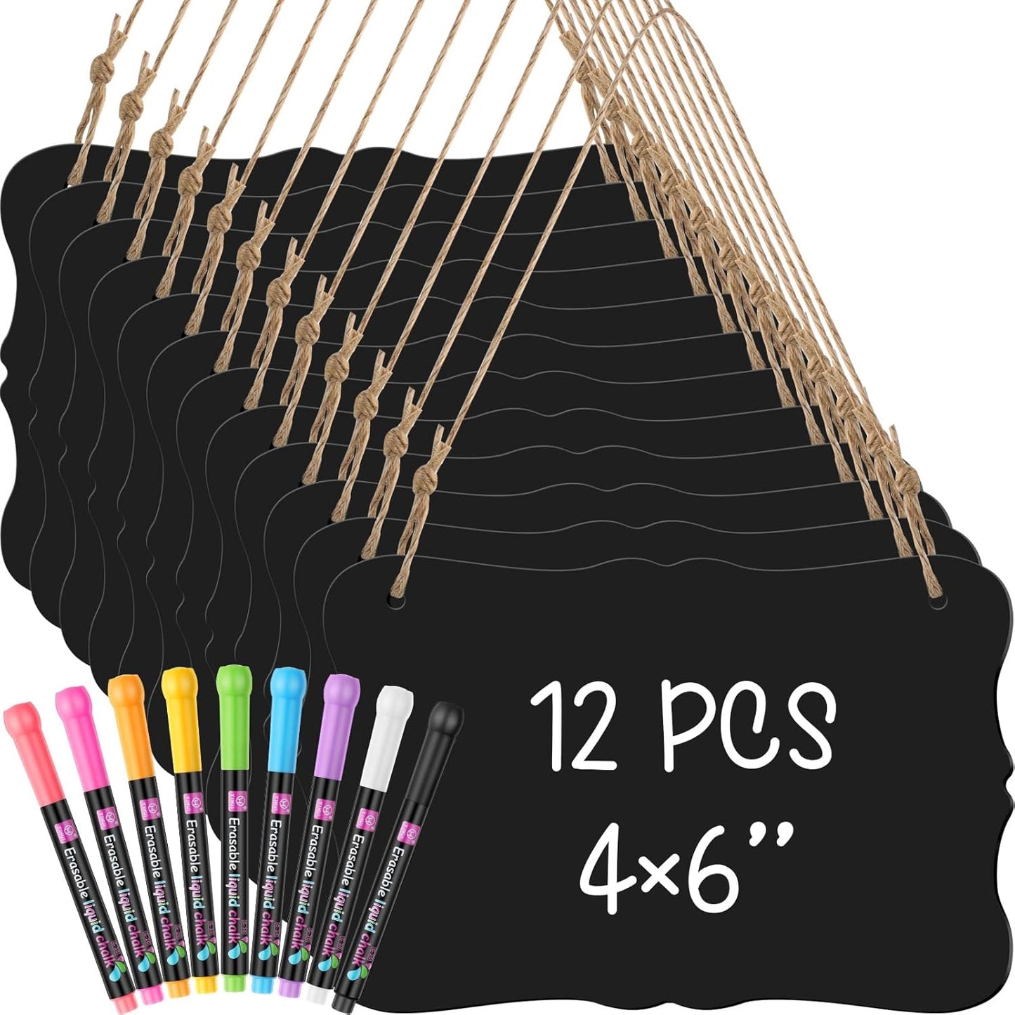 12 Pcs 4 x 6 Acrylic Chalkboard Hanging Sign with Chalk Markers Chalk Board Signs with Hanging String for Wedding Kitchen Home Party Decoration (Bracket)
