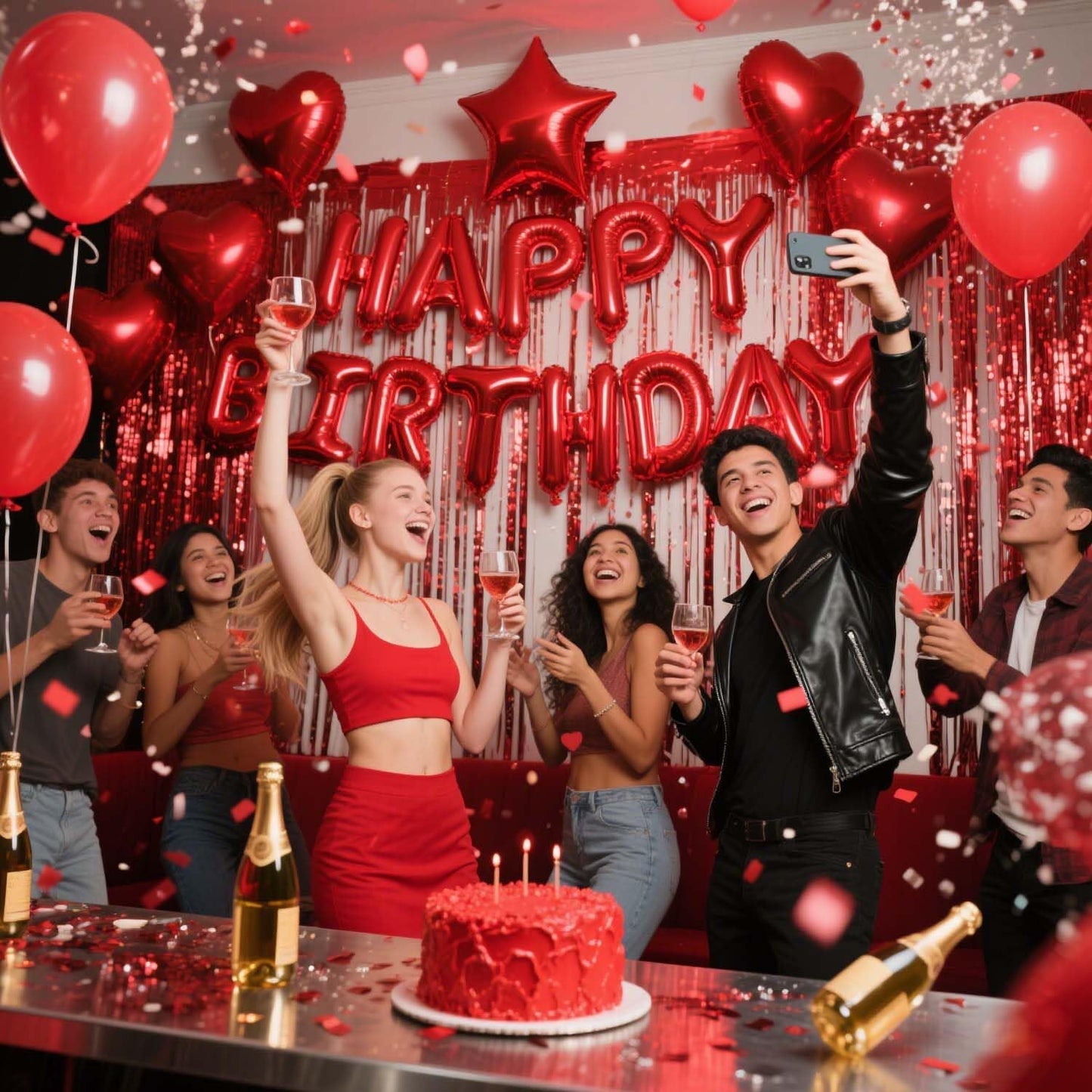 29 Pcs Red Birthday Party Decorations - Happy Birthday Balloons Banner Red, Heart & Star Foil Balloons, Confetti & Latex Balloons, Foil Fringe Curtains Party Supplies for Women