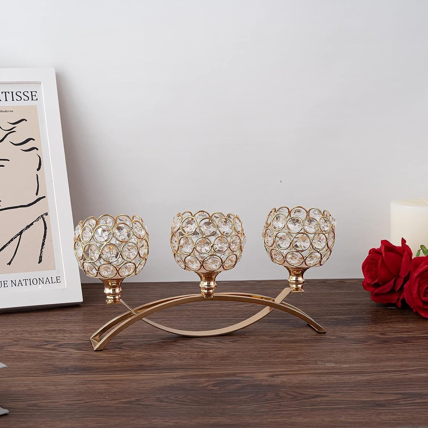 4Set Gold Crystal Candle Holders Decorative Candelabra for Wedding Centerpiece,Metal 3 Arms Candlesticks Holder Stand for Dining Table Living Room Home Decor, Party, Anniversary,Halloween,Christmas