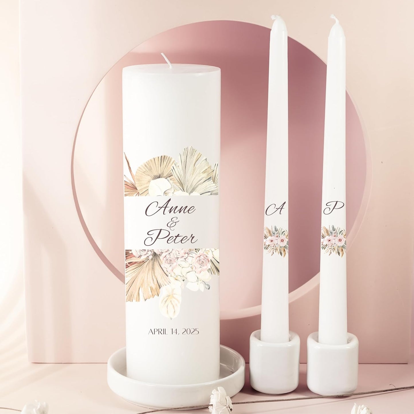 Unity Candles for Wedding, Modern Unity Set, Custom and Personalized Pillar and Taper Candles, Unscented White Premium Wax, Religious and Wedding Ceremony, Special Events (Palm)