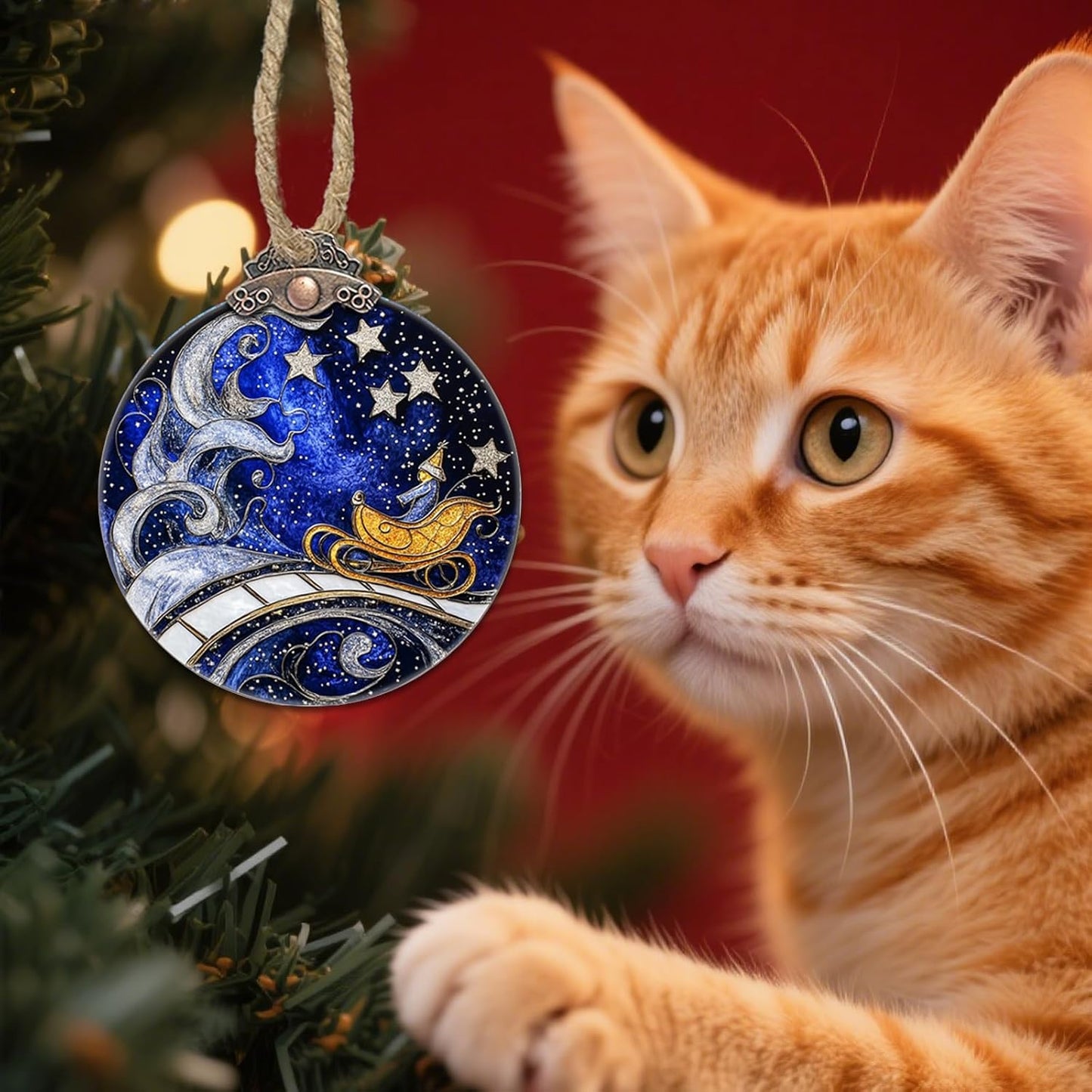 Stained Glass Christmas Decorations, Blue Sky Silver Star Suncatcher for Window Christmas Tree Hanging Ornaments Magic Carpet Sun Catcher Xmas Decor Gifts for Women Men Mom Nana Friend