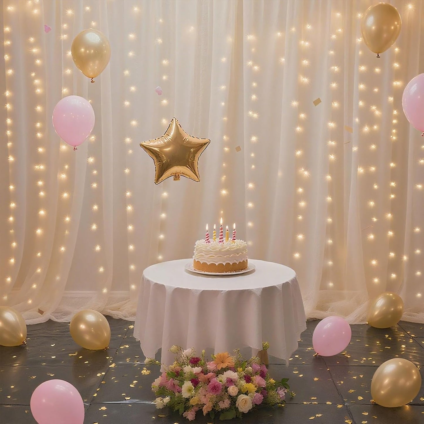 10×8ft Tulle Backdrop Curtains with Lights String - 300LED Fairy Lights Sheer Curtain Backdrop for Weddings Baby Shower and Birthday Party Decorations(2 Panels 5×8ft)