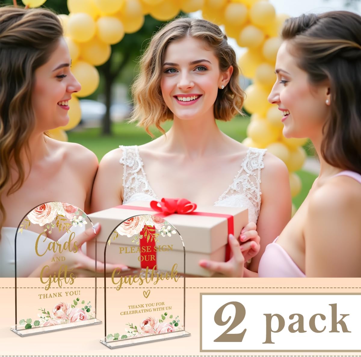 2 Pcs Acrylic Wedding Signs for Reception, Bridal Shower Decorations, Cards and Gifts Signs, Guest Book Sign, Arch Acrylic Table Top Sign with Holder for Wedding Reception (Clear Pink Flowers)