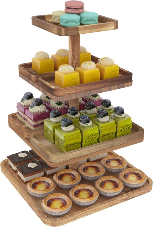 Acacia Wood 4 Tier Cupcake Stand with 4 Removable Snack Tray, Rustic Square Cup Cake Tower Stand for 50 Cupcakes, Display Cakestand for Wedding, Birthday, Serving Tea Party, Natural