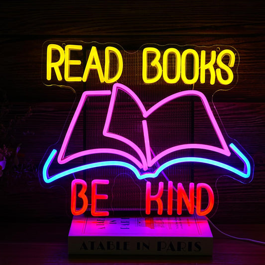 Read Books Be Kind Neon Sign Dimmable USB Powered Read Books Neon Light for Wall Decor Be Kind Led Light Sign Bright Books Light Up Sign for Classroom Reading Room Bookstore Library