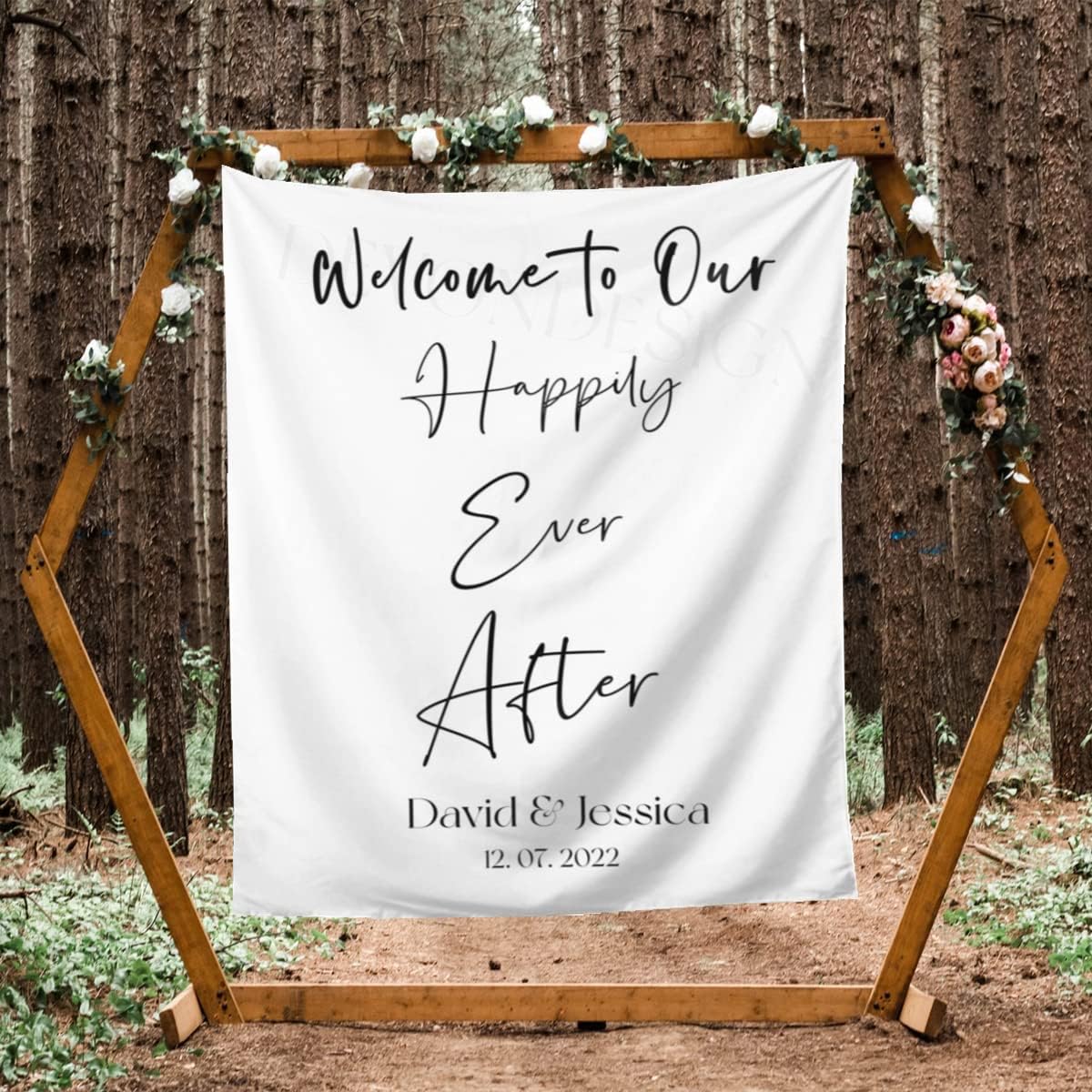 Welcome to Our Happily Ever After Backdrop - Custom Tapestry With Names and Date, Rustic Wedding Sign, Personalized Calligraphy Banner for Ceremony, Arch, Reception