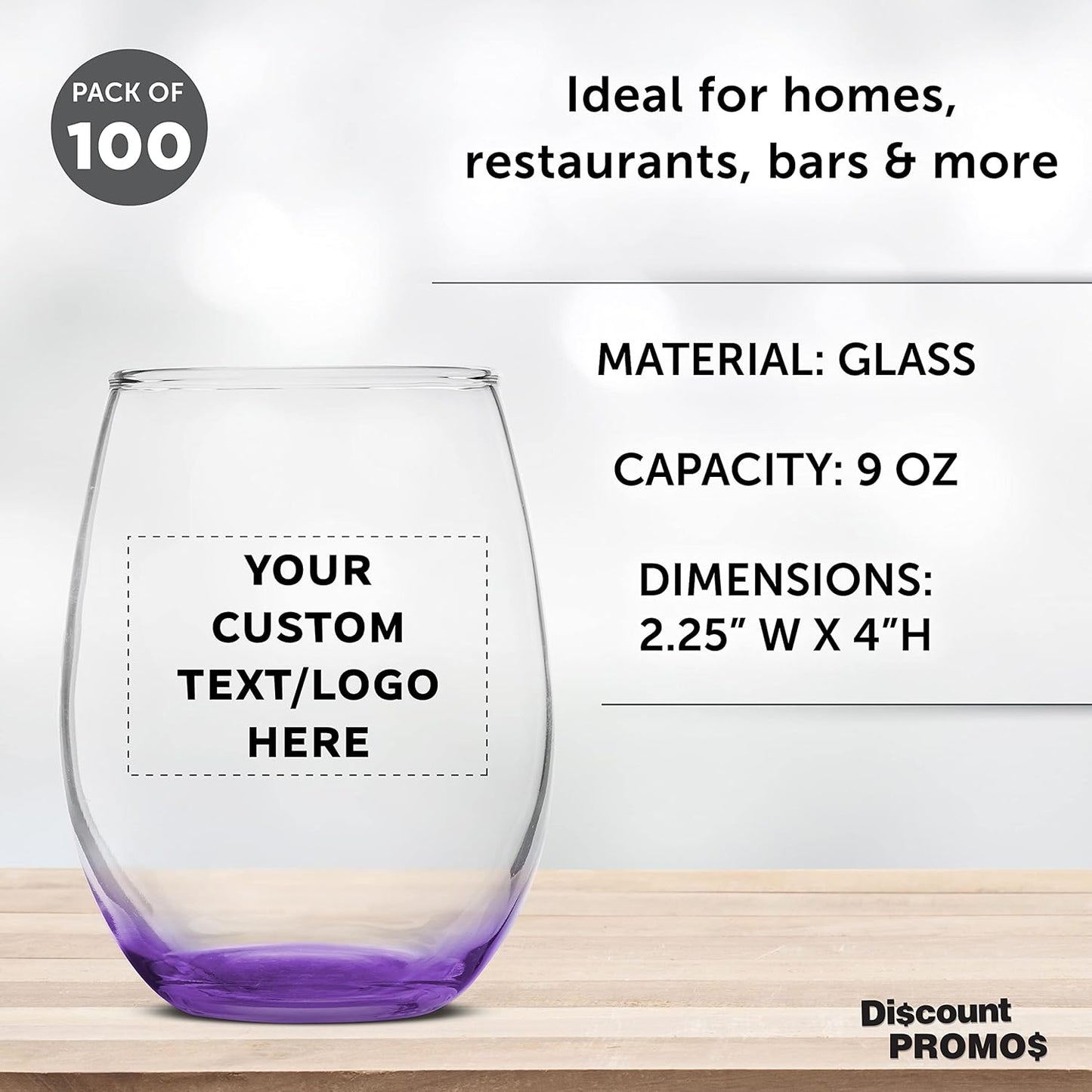 Custom Stemless Wine Glass 9 oz. Set of 100, Personalized Bulk Pack - Great for Wedding Favors, Bachelorette Party Decorations, Party Favors, Color Bottom - Purple