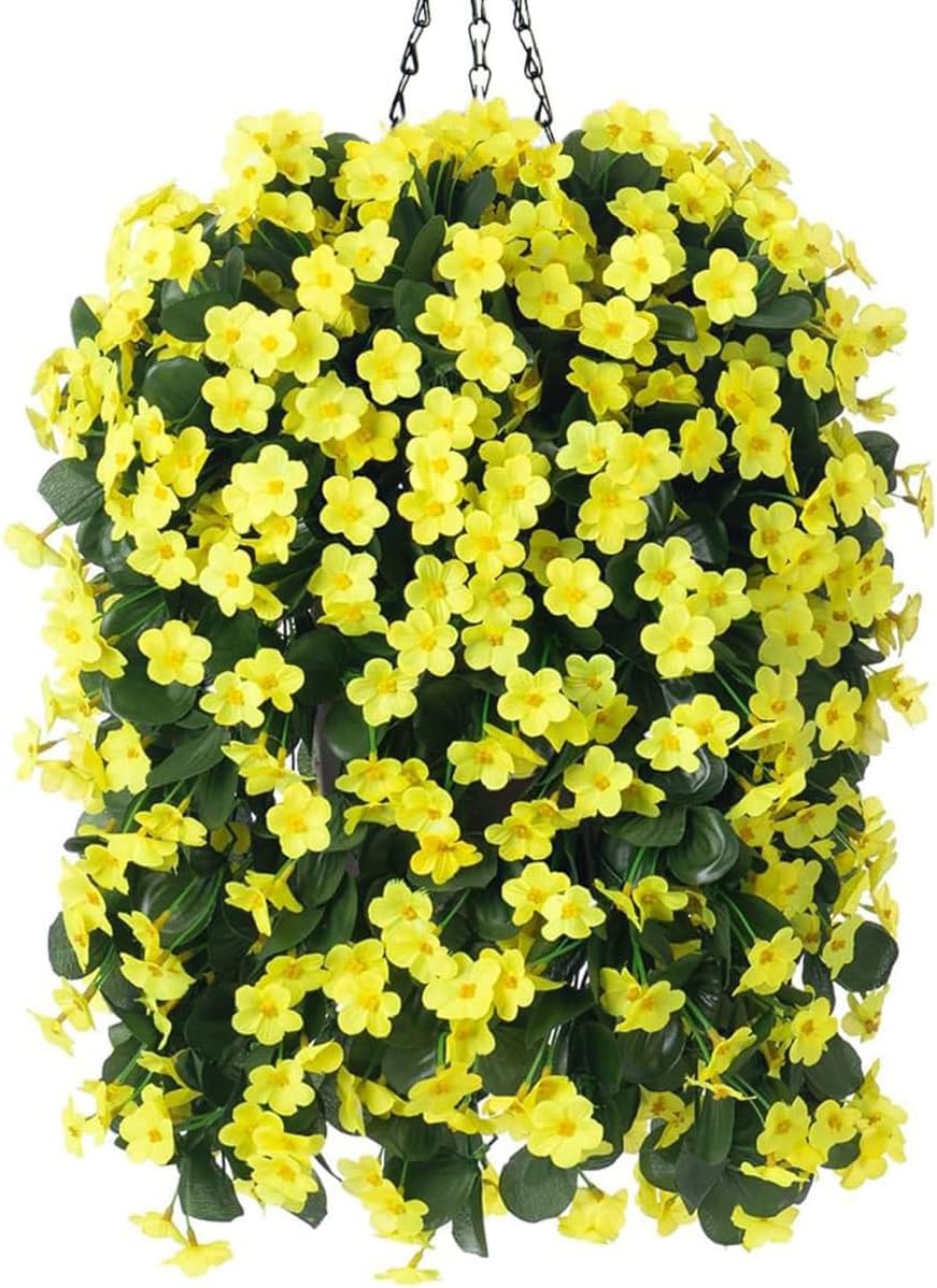 HyeFlora Artificial Fake Hanging Outdoor Flowers Plants Basket, Faux Silk Yellow Orchid Flowers UV Resistant Realistic Hanging Planter for Outside Porch Patio Home Garden Yard Decoration