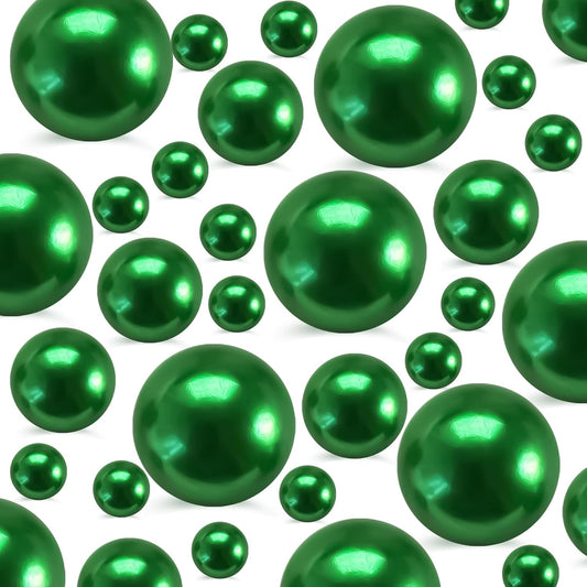 260Pcs Green Glossy Beads for Centerpiece Decor, Artifical Pearls Vase Filler, Makeup Brush Beads, No Hole Round Pearl Beads for Wedding Birthday Christmas Party Home Decor(18mm 14mm 6mm)