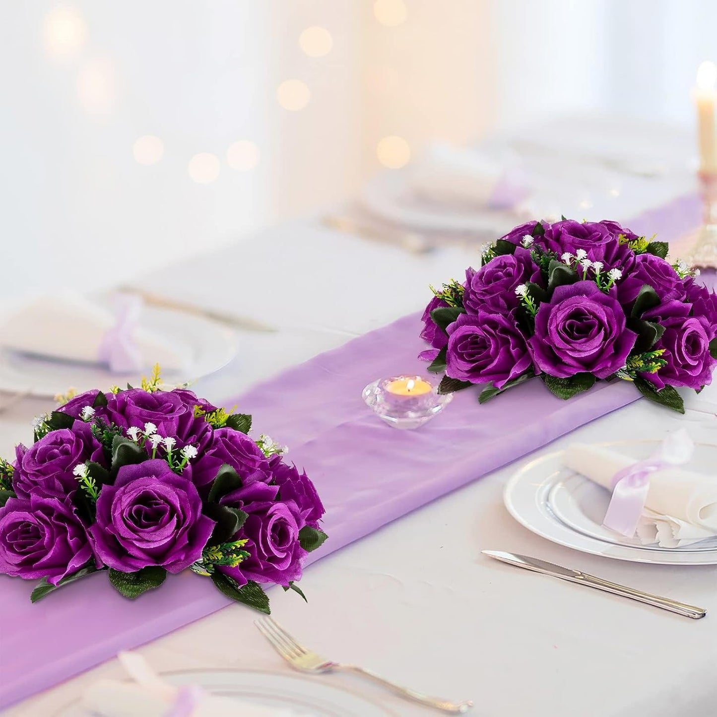 BLOSMON Flower Balls Wedding Rose Centerpieces 10 Pcs Purple Fake Flowers with Base Kissing Balls Decor Artificial Floral Arrangements Flower Bouquet of Roses Home Party Table DIY Decorations