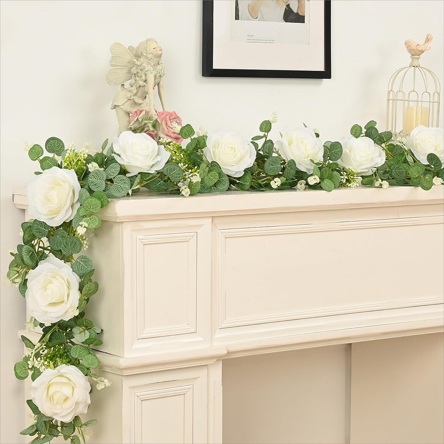 Dolicer 4Pcs 26Ft Artificial Eucalyptus Garlands with Flowers - 8 Roses, Faux Floral Greenery Garlands Fake Flowers Vines for Wedding Table Centerpieces Arch Party Ceremony Backdrop Decor (White)