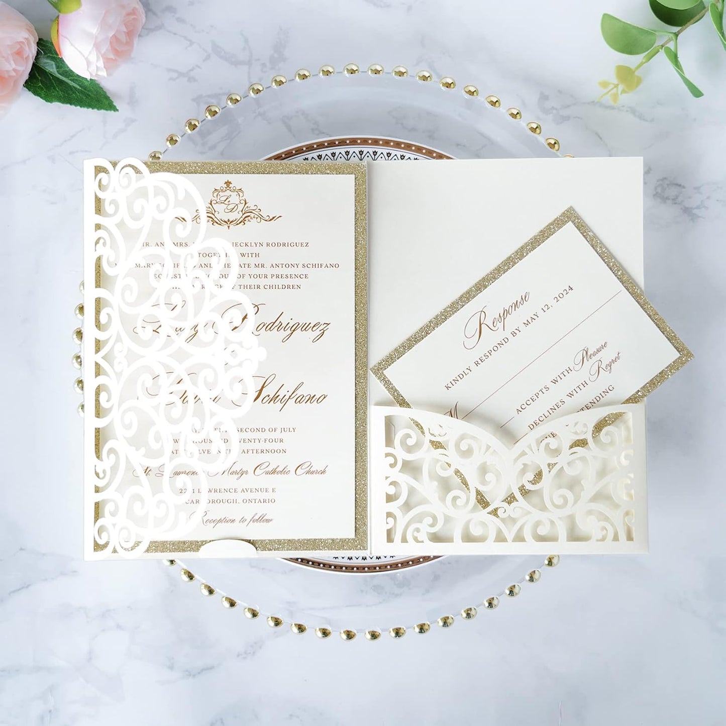 ponatia 5.12 x 7.2 Ivory Laser Cut Wedding Invitations, Trifold Laser Cut Invitation Pockets with Envelopes for Wedding Bridal Shower Engagement Quinceanera Invitations (20PCS No Inner Sheet)